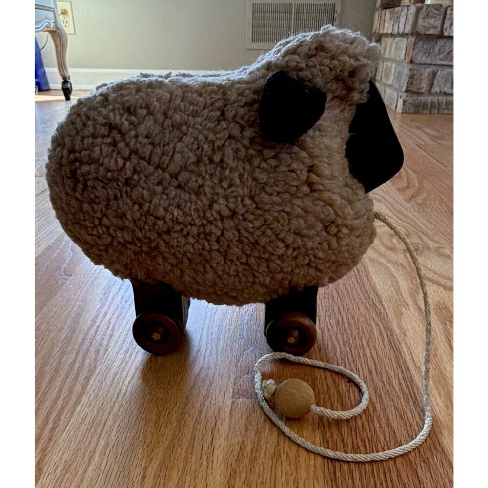 Vintage Wood Sheep Pull Toy on Wheels, Plush Wool Body, Pull Handle 10x8 in